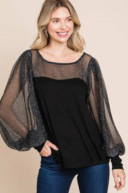 Full Size Metallic Mesh Lantern Sleeve Blouse ONLINE ONLY