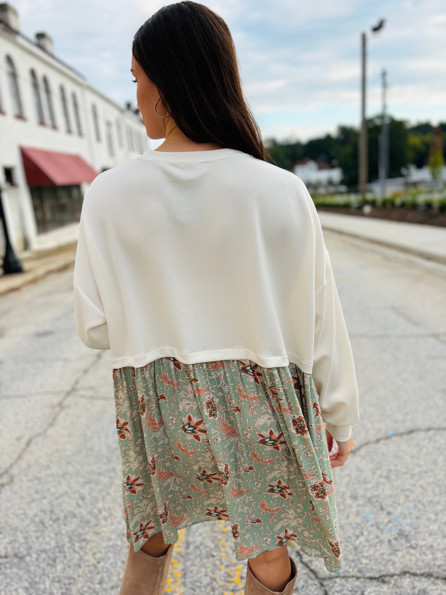 Floral Contrast Sweatshirt Dress - Ivory Combo