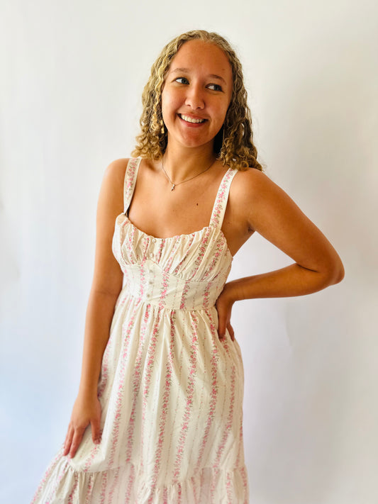 Floral Stripe Button Detail Maxi Dress - Pink Multi