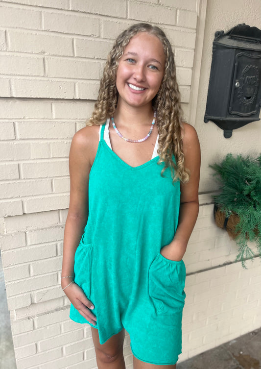 Mineral Washed Sleeveless Romper - Green