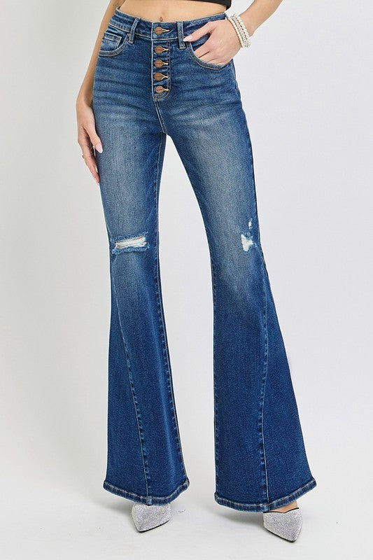 RISEN Distressed Button-Fly Flare Jeans ONLINE ONLY