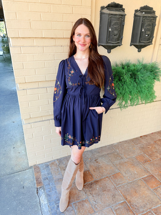 Embroidered Cotton Mini Dress - Midnight