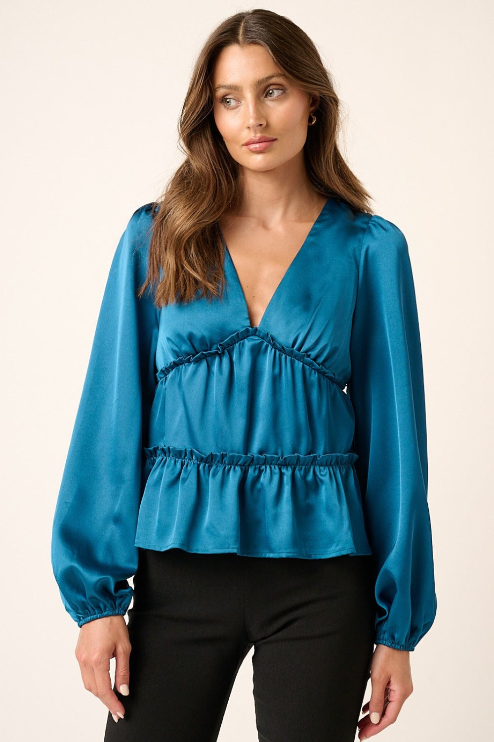 Satin V Neck Ruffled Tier Blouse ONLINE ONLY