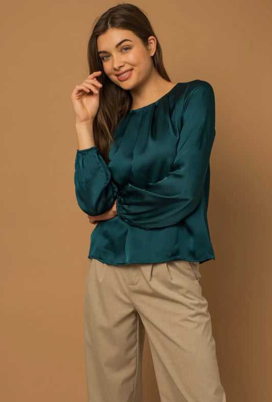 Long Sleeve Pleated Satin Top - Teal