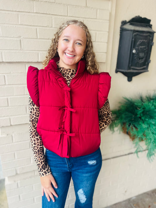 Flutter Sleeve Bow Detail Puffer Vest - Burgundy