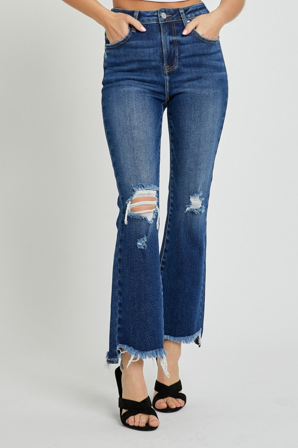 ONLINE ONLY RISEN High Rise Distressed Crop Flare Jeans