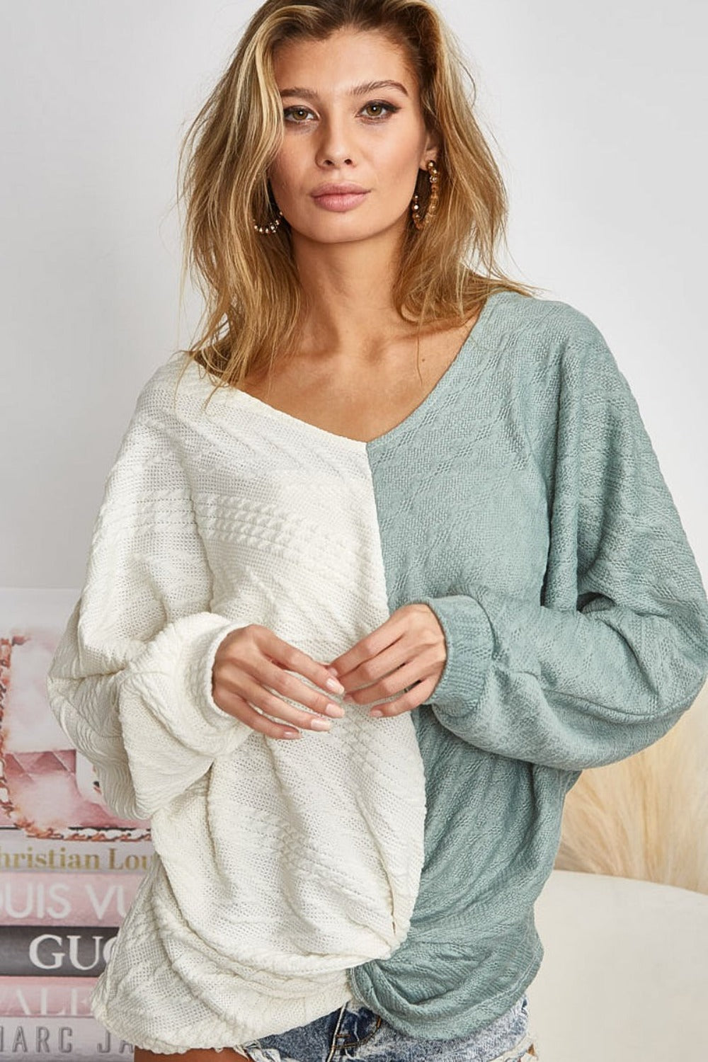 Twist Front Contrast Cable Knit Top