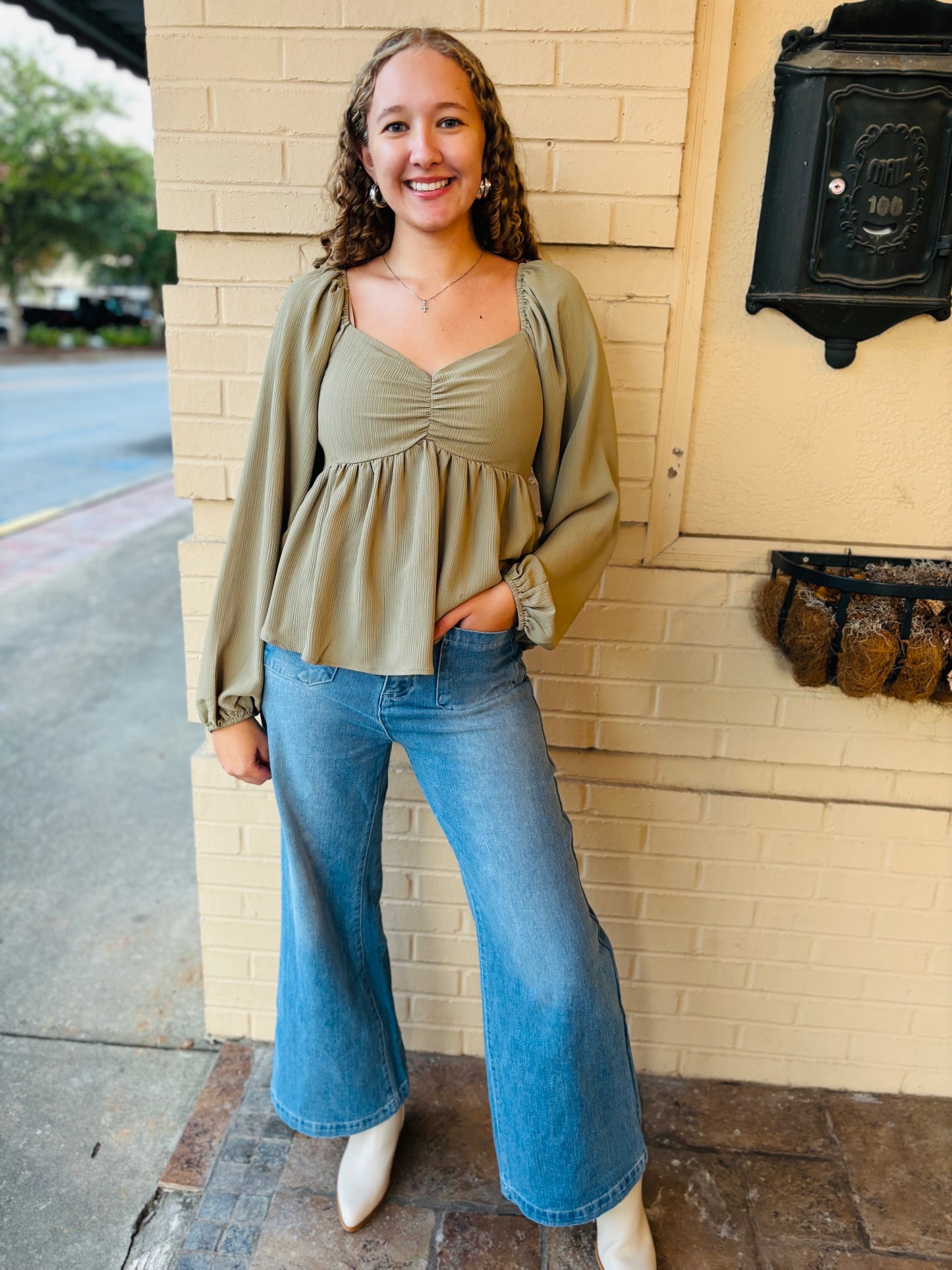 Crinkled Babydoll Blouse Top - Olive