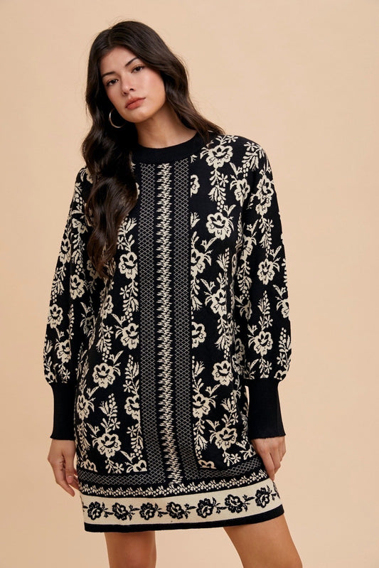 Floral Jacquard Round Neck Sweater Dress ONLINE ONLY