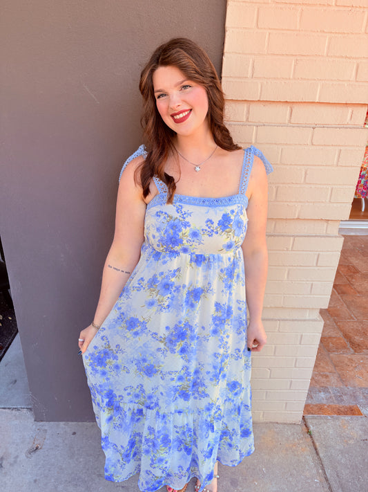 Floral Crochet Lace Strap Maxi Dress - Blue Multi