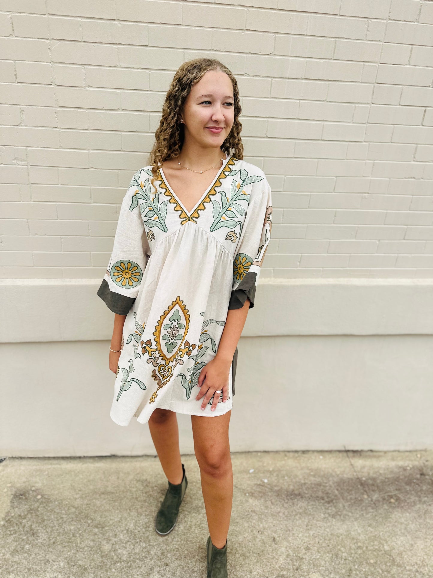 Boho Embroidered Babydoll Dress - Sage