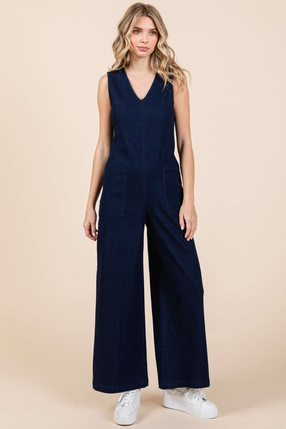 ONLINE ONLY Sleeveless Wide Leg Denim Jumpsuit