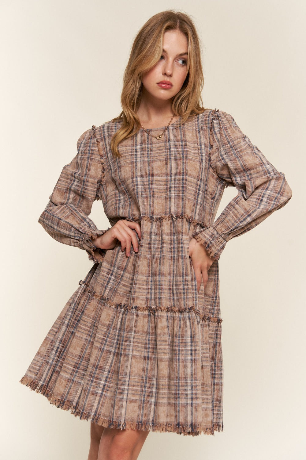 Full Size Washed Frayed Tiered Plaid Dress