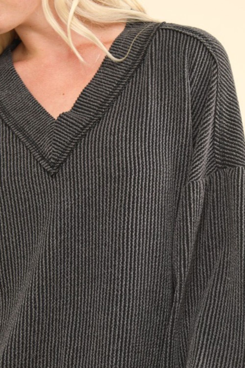 Two Tone Ribbed V-Neck Exposed Seam Top