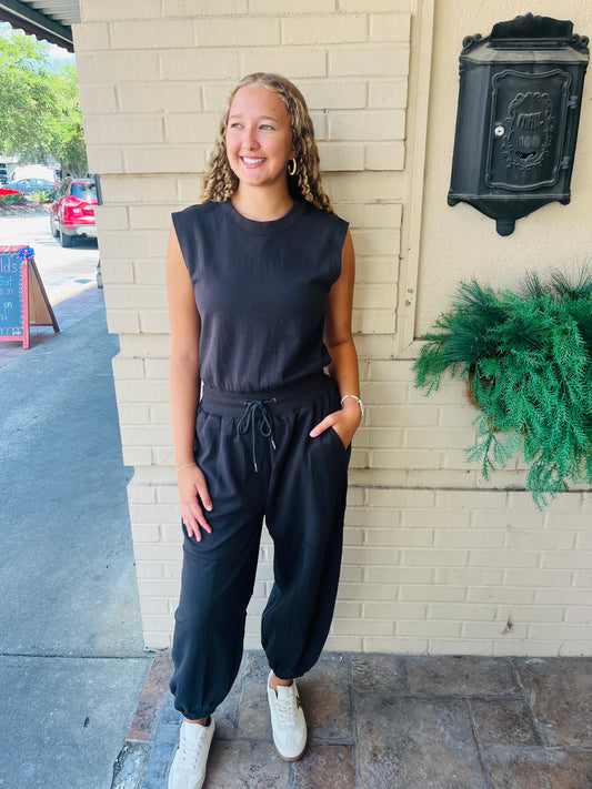 Drawstring Waist Sleeveless Knit Jumpsuit