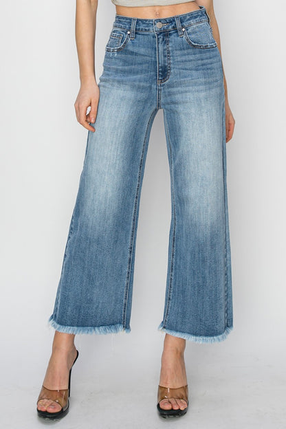 ONLINE ONLY RISEN Raw Hem Cropped Wide Leg Jeans