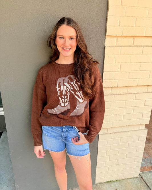 Western Boot Knit Sweater - Brown