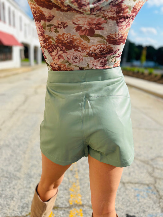 Soft Faux Leather Asymmetric Line Skort - Sage