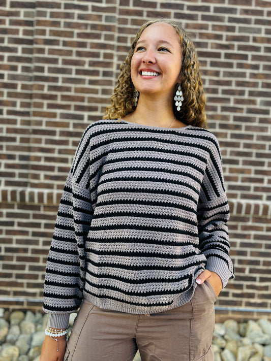 Relaxed Stripe Knit Pullover Sweater - Mocha