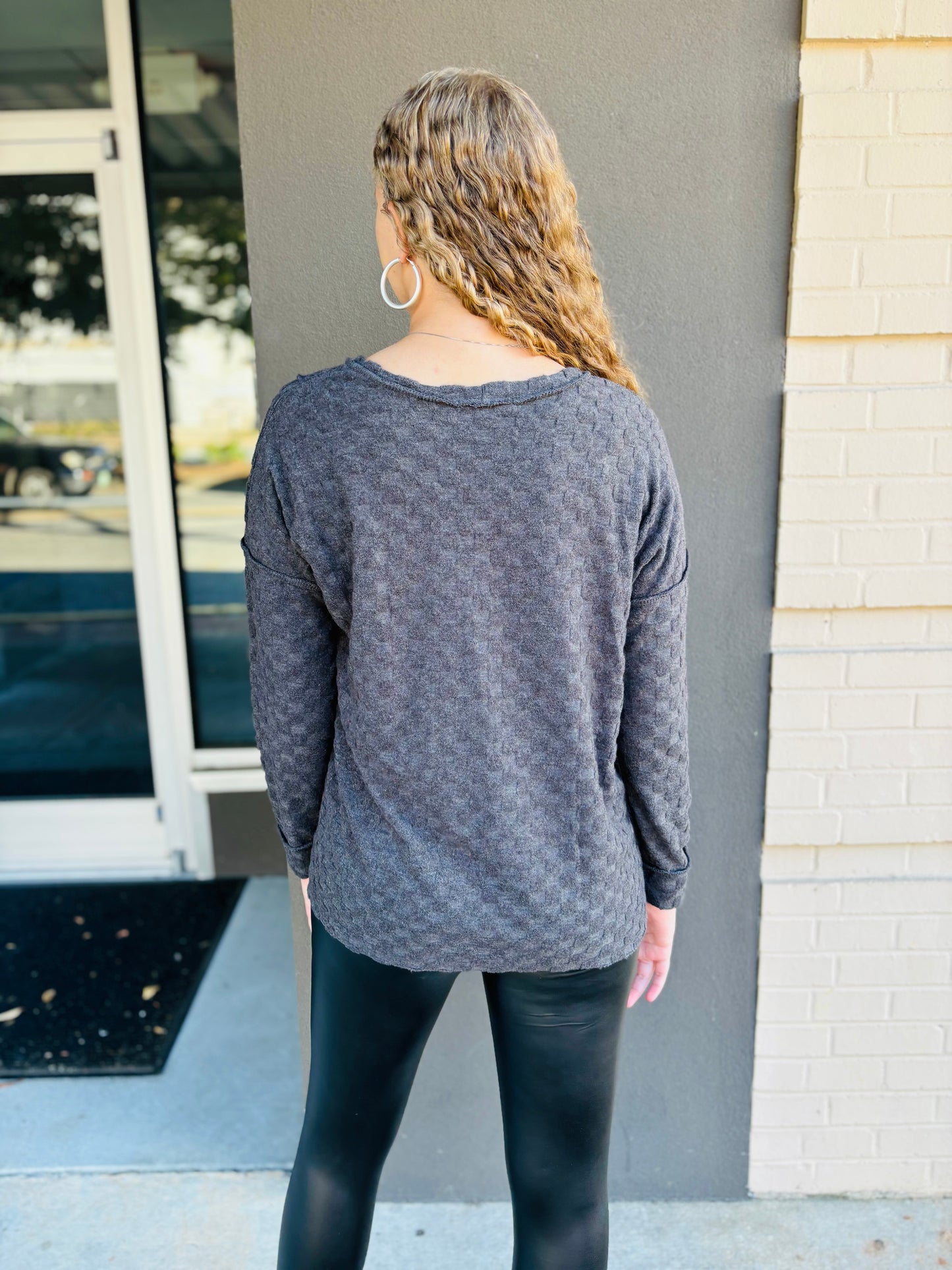 Checkered Fleece Pullover Top - Charcoal