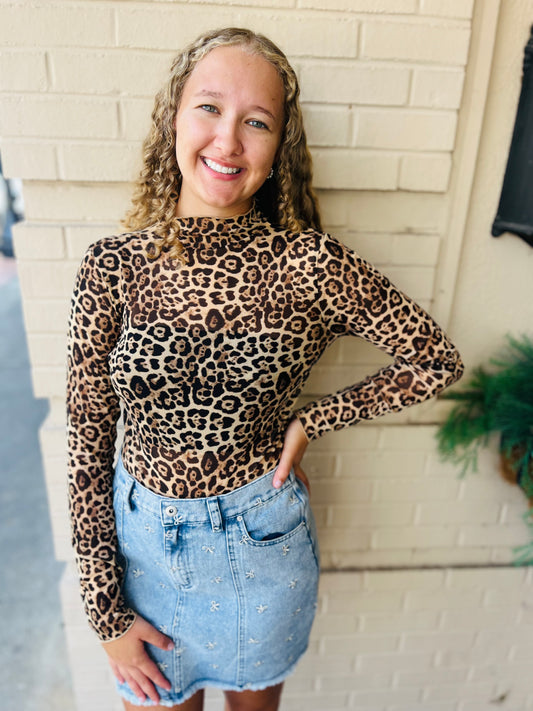 Fitted Sheer Mesh Lace Knit Top - Leopard