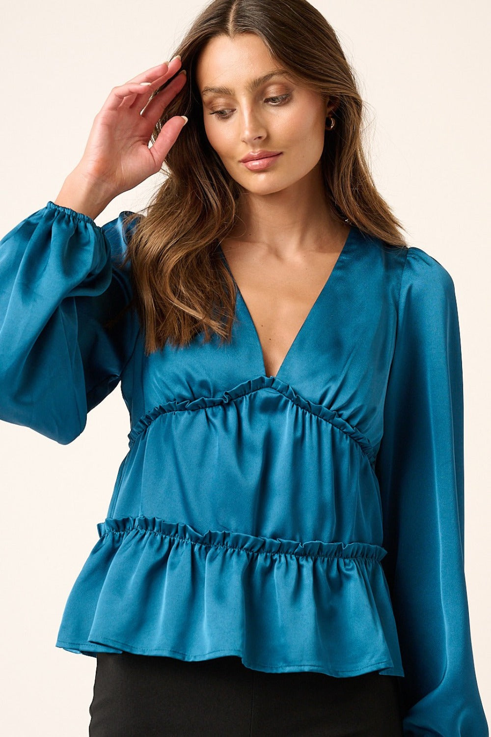 Satin V Neck Ruffled Tier Blouse ONLINE ONLY