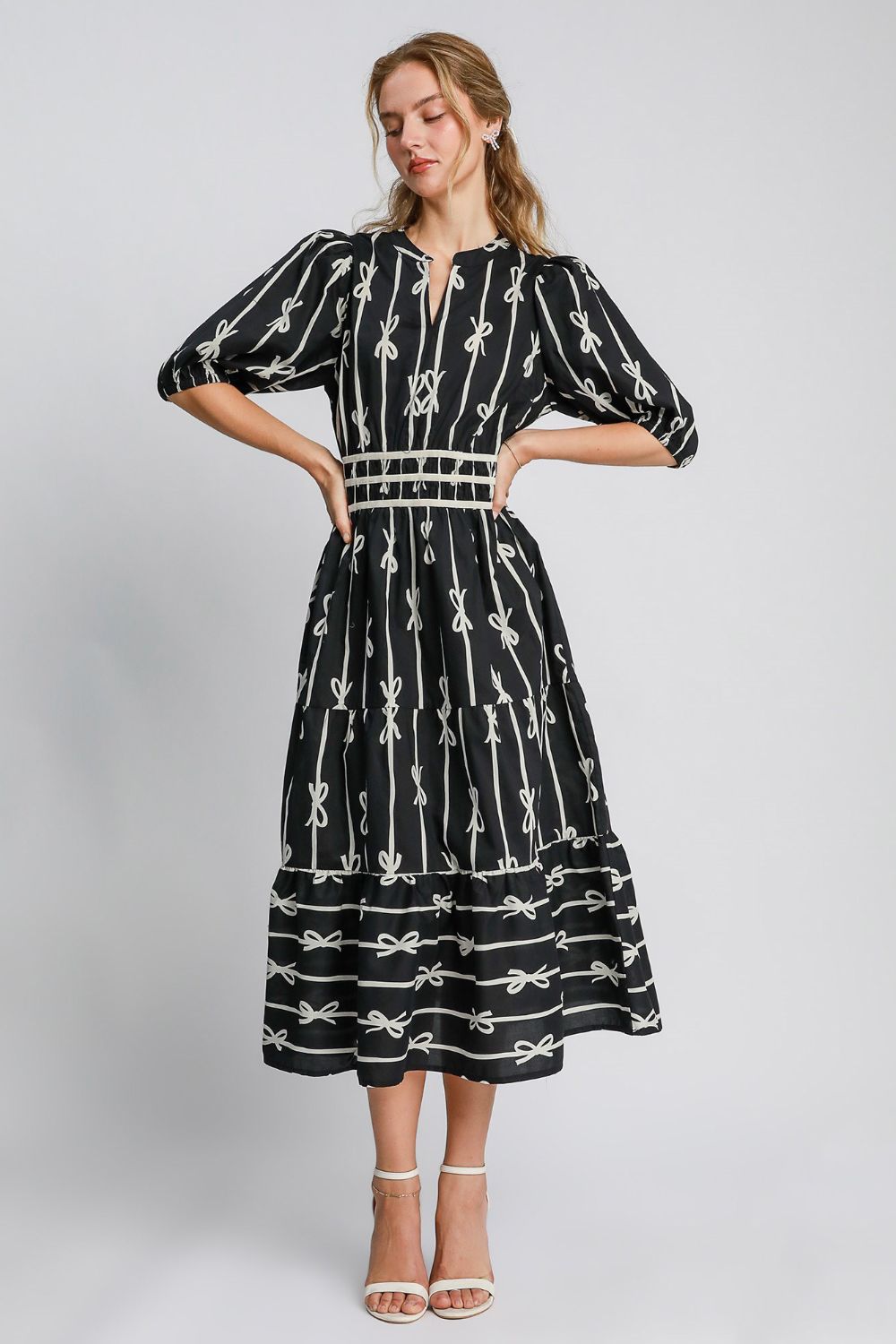 Bow Tie Print Notched Contrast Velvet Trim Midi Dress ONLINE ONLY