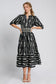 Bow Tie Print Notched Contrast Velvet Trim Midi Dress ONLINE ONLY