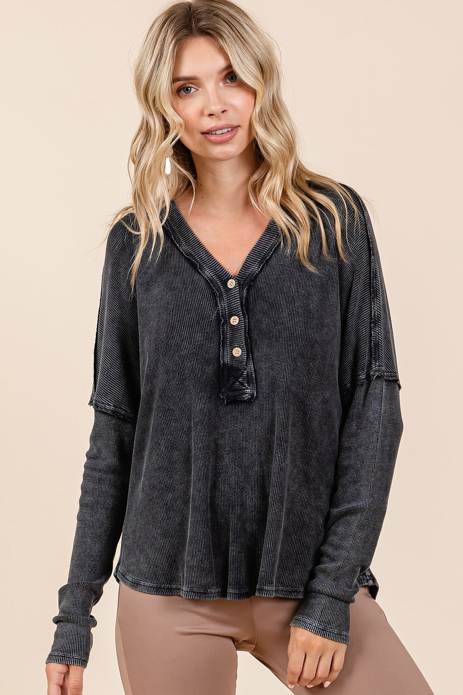 Washed V-Neck Long Sleeve Blouse ONLINE ONLY