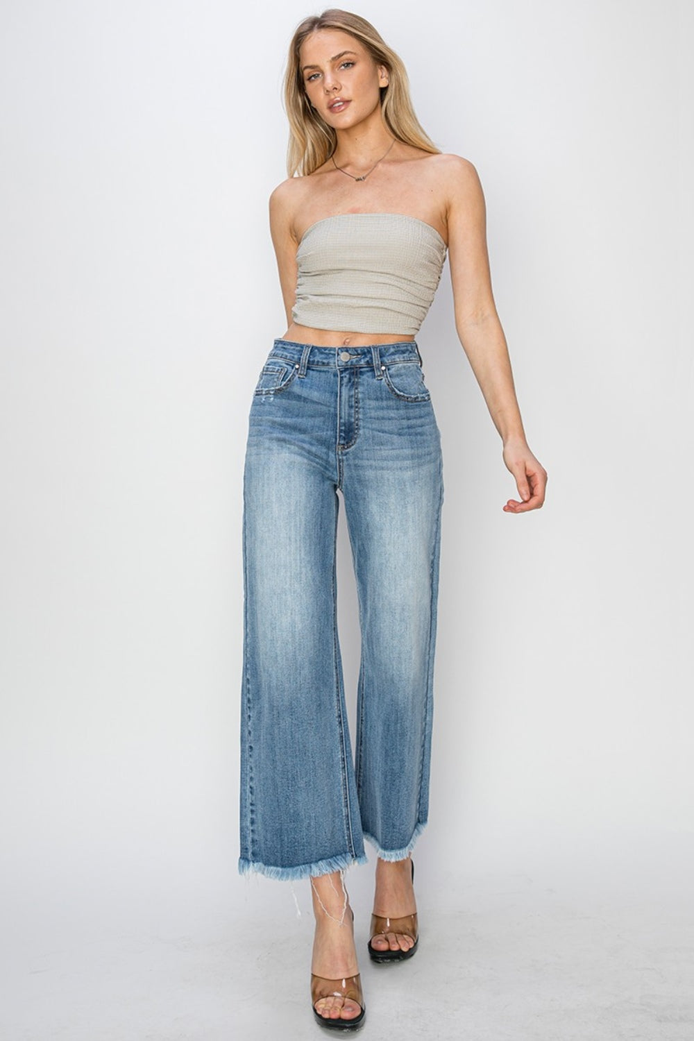 ONLINE ONLY RISEN Raw Hem Cropped Wide Leg Jeans