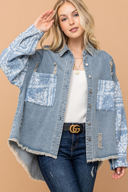 Full Size Paisley Print Quilted Sleeves Denim Jacket