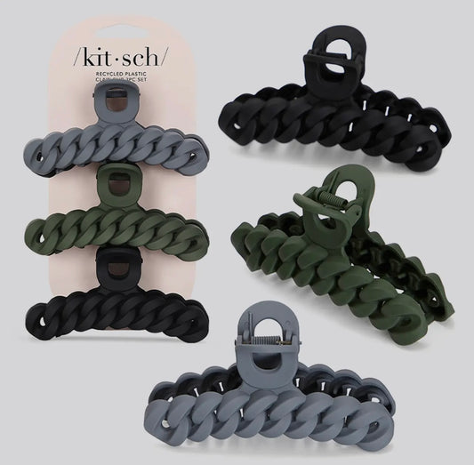 Kitsch Eco-Friendly Chain Claw Clip 3pc Set - Black/Moss