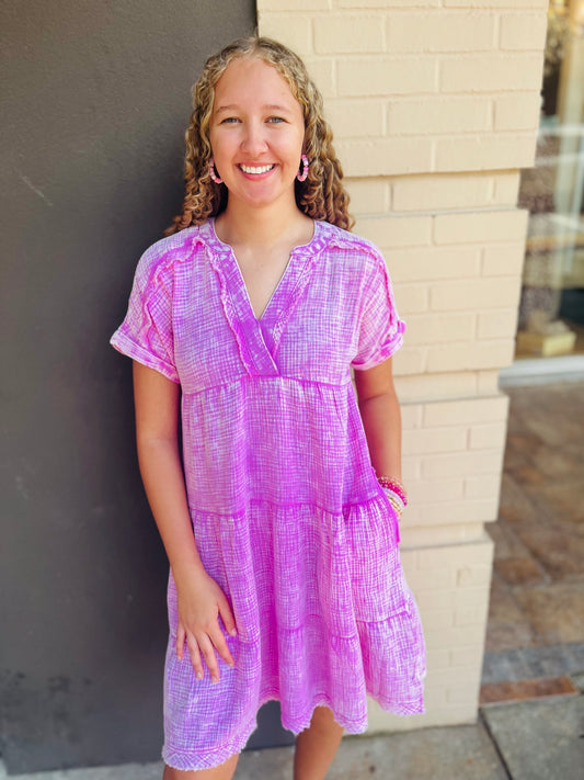 Washed Gauze V-Neck Dress - Bright Mauve