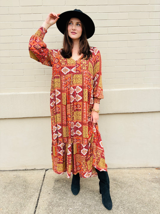 Tiled Patchwork Maxi Dress - Pumpkin Spice