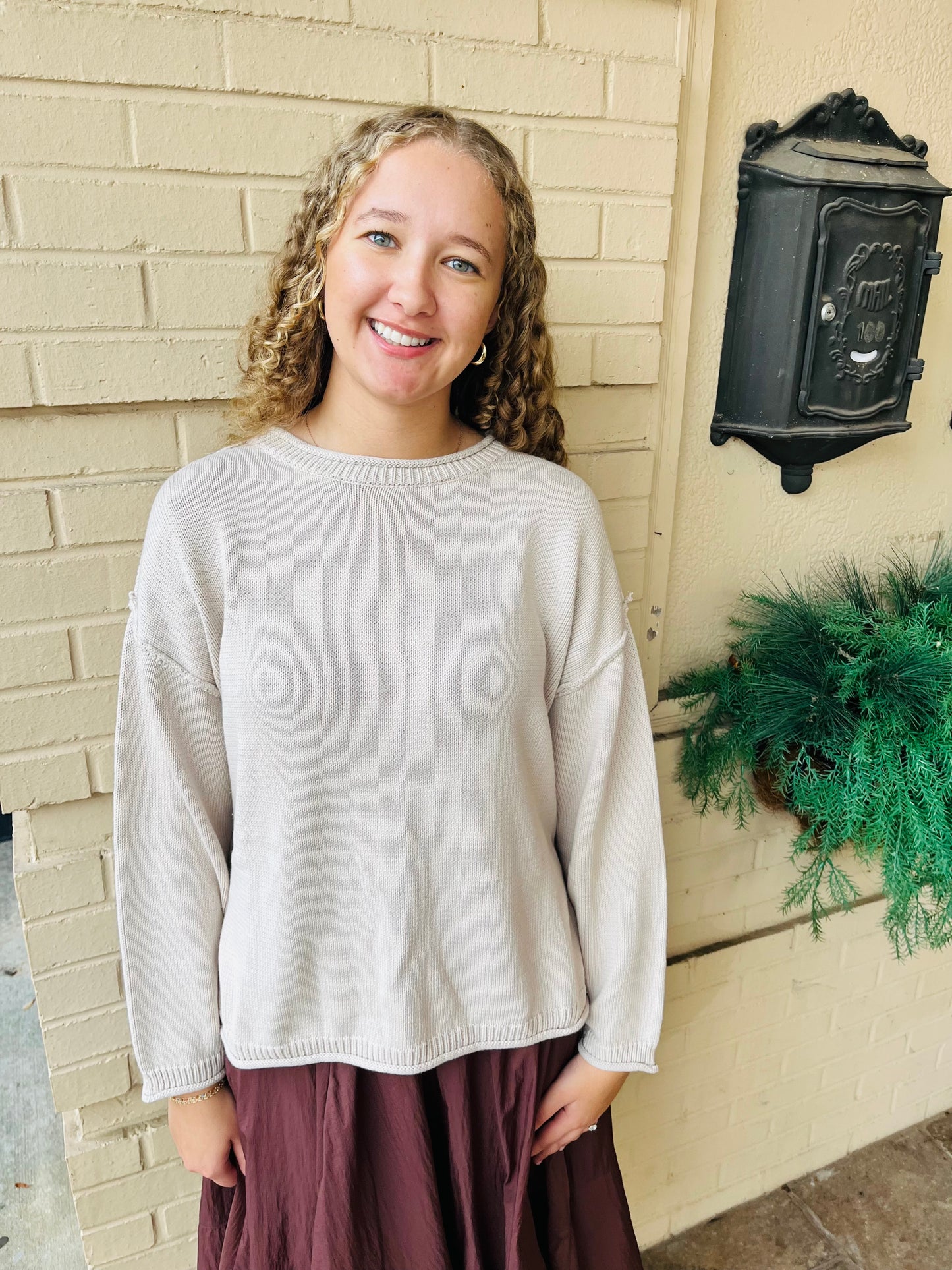 Oversized Side Slit Knit Sweater - Oatmeal