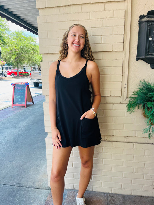 Built-in Shorts Knit Sleeveless Dress - Black