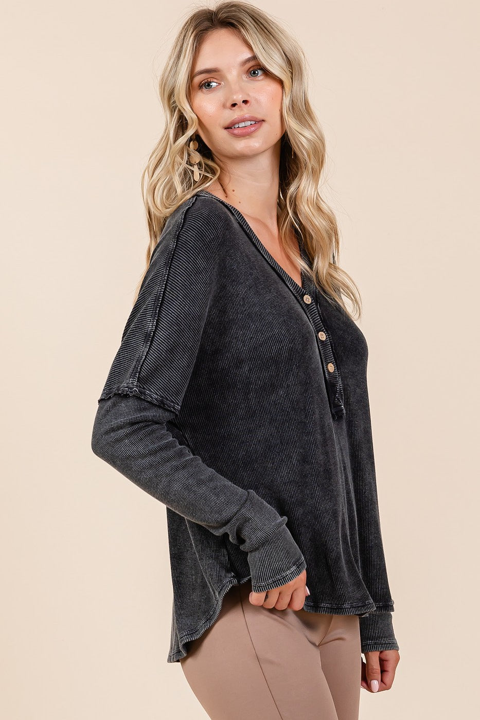 Washed V-Neck Long Sleeve Blouse ONLINE ONLY