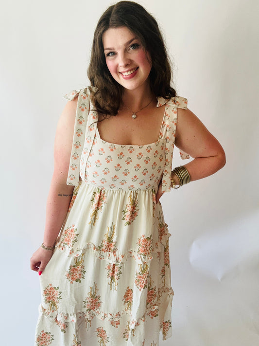Floral Print Tie Strap Empire Tiered Dress - Apricot Multi