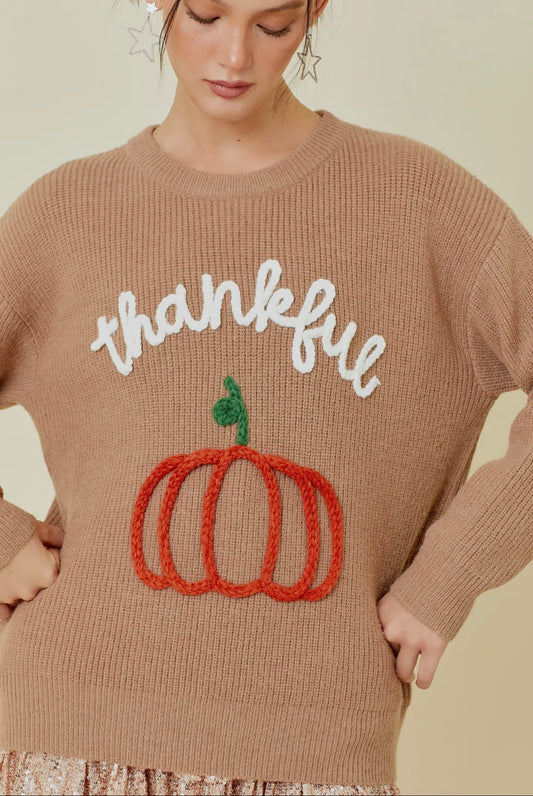 Thankful 3D Embroidered Sweater - Dusty Brown