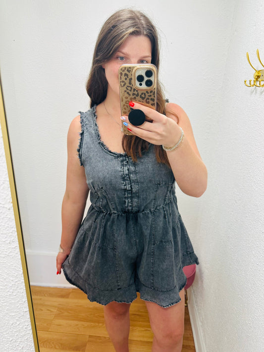 Washed Chambray Denim Romper Black