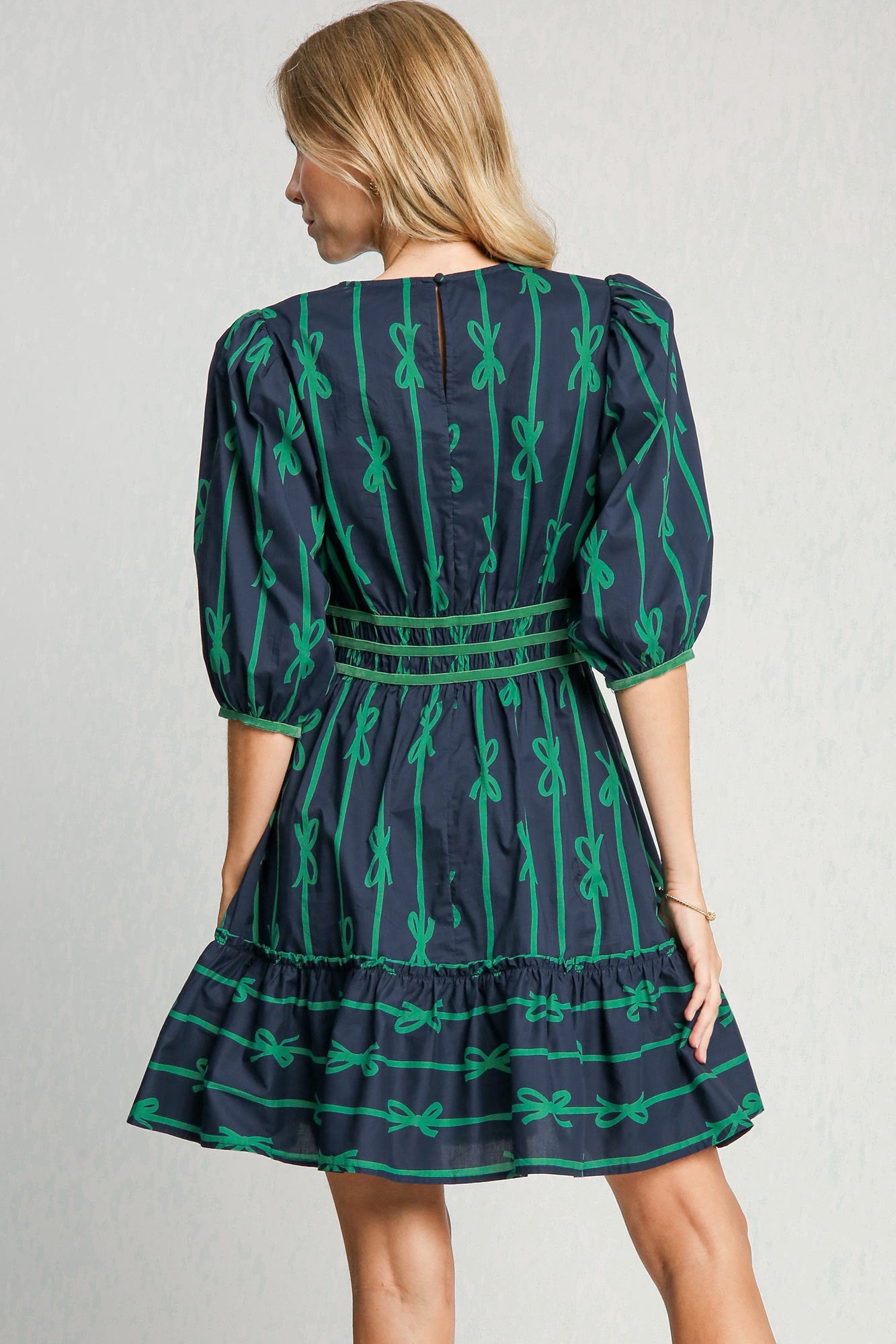 Ribbon Print Frill Contrast Velvet Trim Half Sleeve Dress ONLINE ONLY