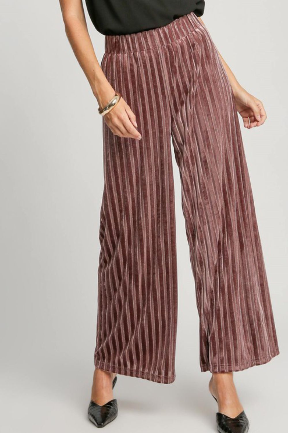 Full Size Elastic Waist Striped Wide Leg Velvet Pants ONLINE ONLY