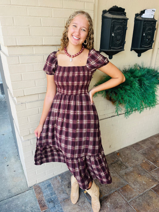 Plaid Smocked Puff Sleeve Ruffle Midi Dress