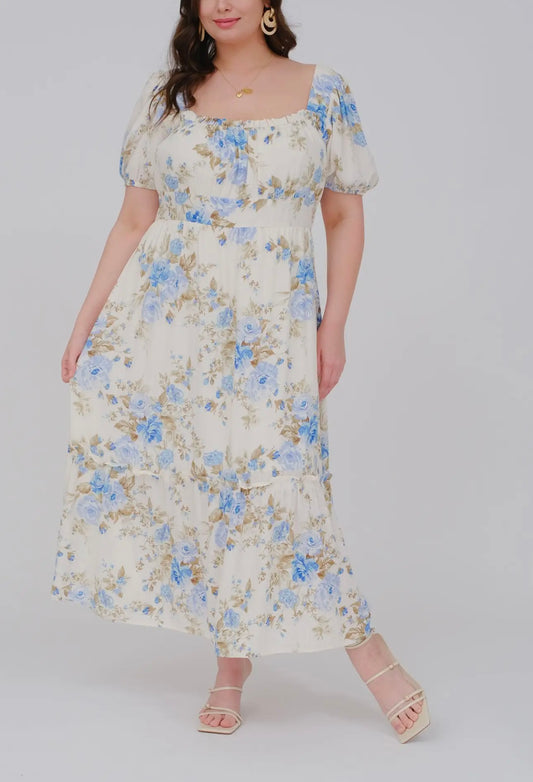 Plus Floral Print Puff Sleeve Ruffle Midi Dress - Blue Multi