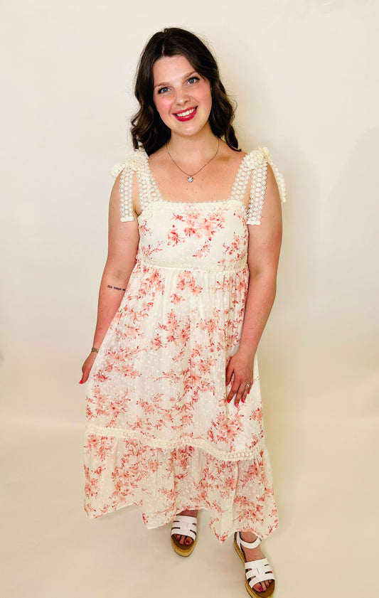 Floral Eyelet Lace Trim Midi Dress - Pink