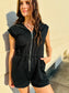 Drop Shoulder Textured Front Zip Romper - Black