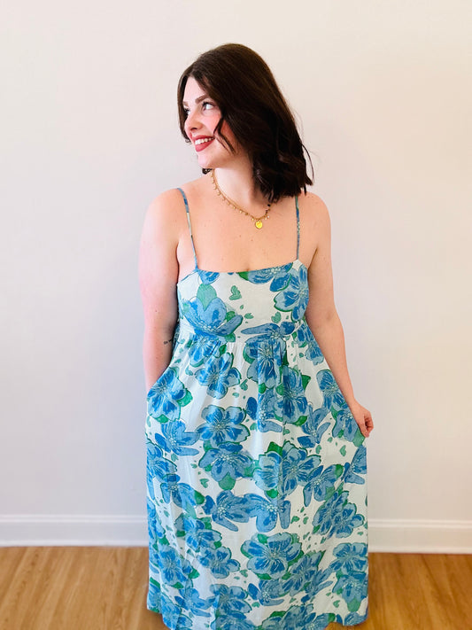 Smocked Floral Side Pocket Strappy Maxi Dress