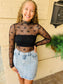 Fitted Sheer Mesh Lace Knit Top - Black Bow