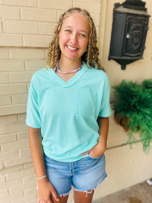 Waffle V Neck Dolman Top - Mint