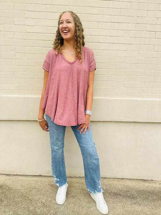 Solid V Neck Loose Fit Top - Mauve